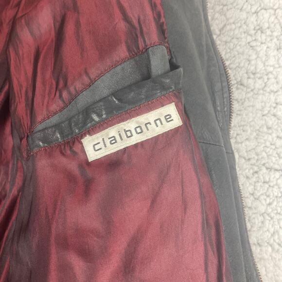 VTG Claiborne WEAR Leather Jacket XL Gray Red Lining Bomber Biker Zip Sleeve - Picture 13 of 16